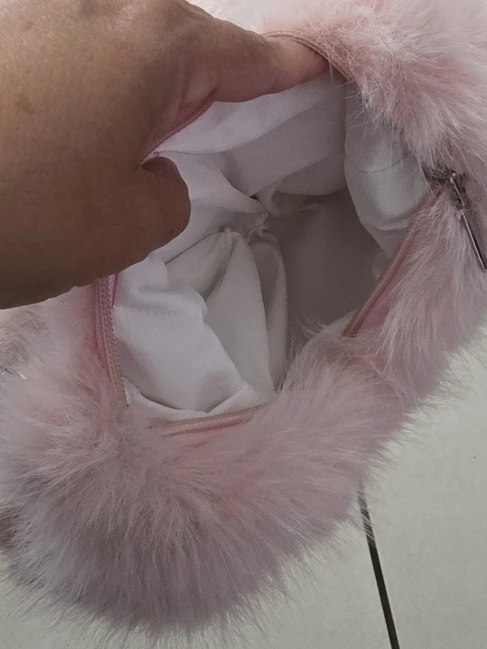 Pink Faux Fur Shoulder Bag with Silver Beaded Strap